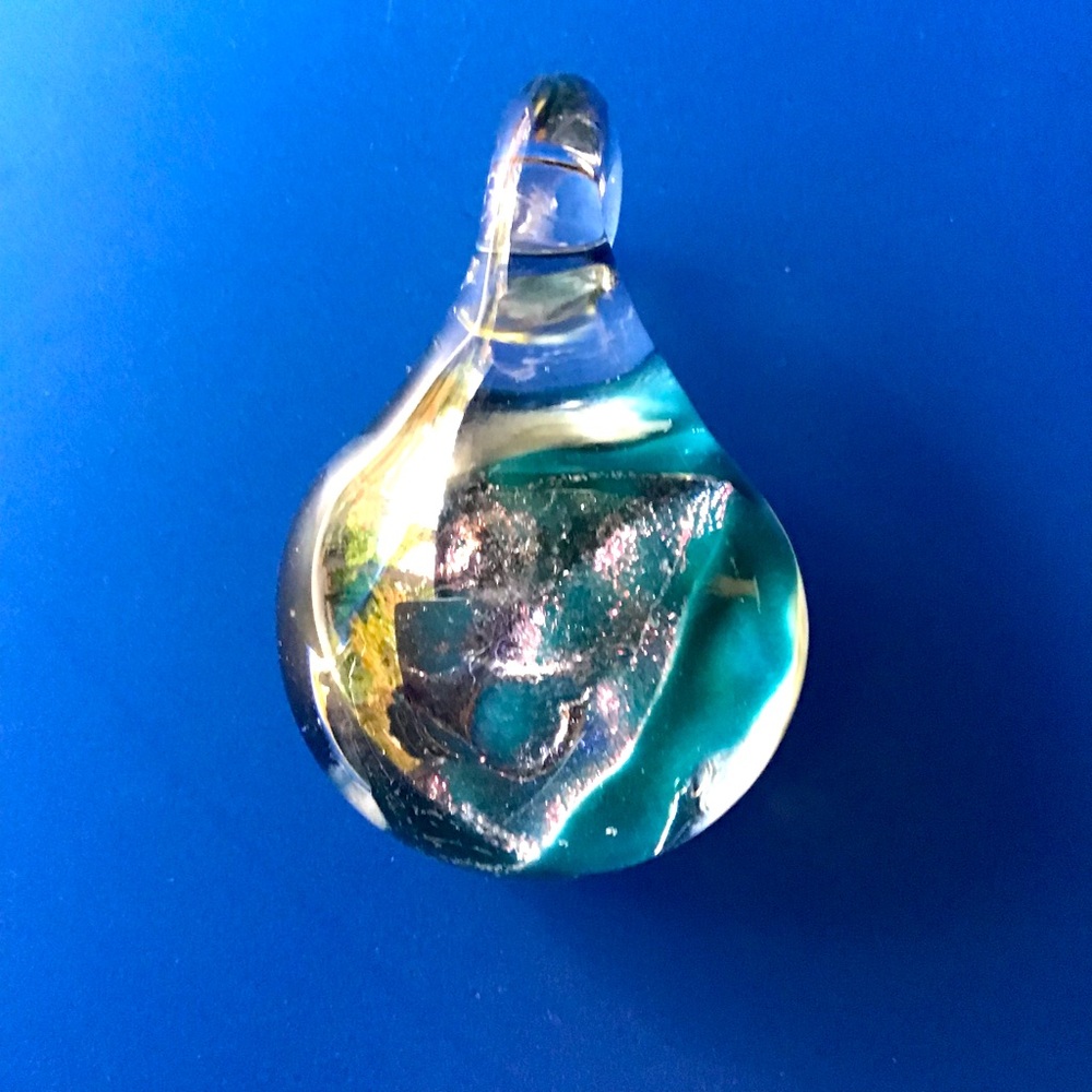 Glass Pendant with Silver and Teal Accents